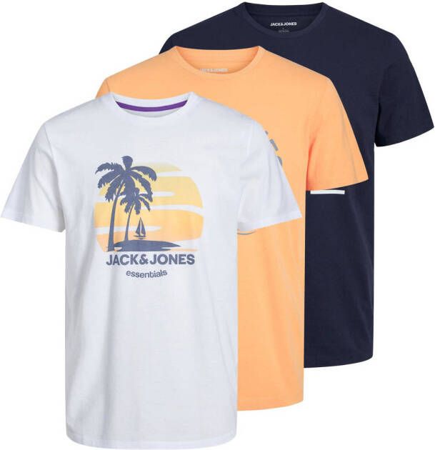 JACK & JONES regular fit T-shirt (set van 3) JJDEACON met printopdruk white pumpkin navy blazer