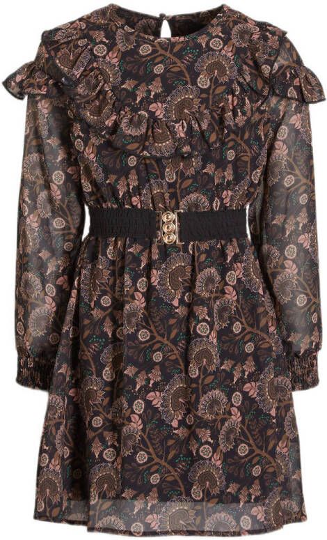 Jake Fischer jurk met all over print en ruches bruin zwart Meisjes Polyester Ronde hals 188