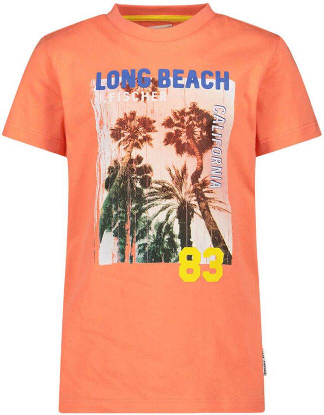 Jake Fischer T-shirt met printopdruk oranje Jongens Stretchkatoen Ronde hals 140