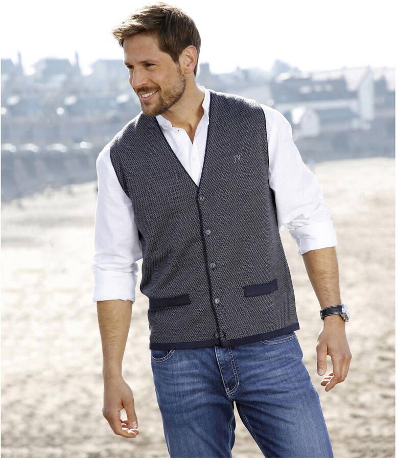 Jan Vanderstorm gilet Plus Size TANE met wol en all over print donkerblauw