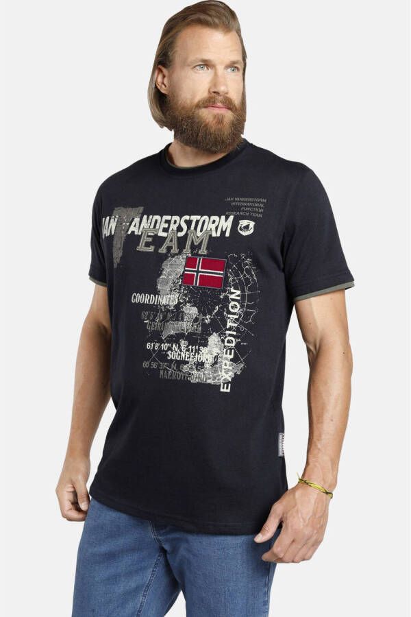 Jan Vanderstorm oversized fit T-shirt Plus Size Solve met printopdruk donkerblauw