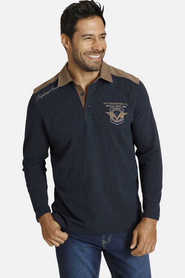 Jan Vanderstorm polo BALDREK Plus Size met contrastbies en borduursels donkerblauw