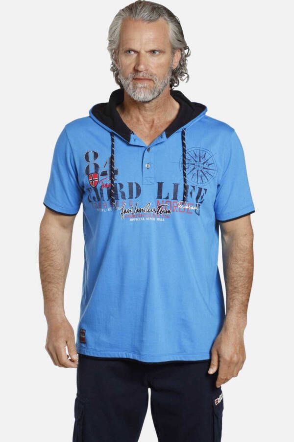 Jan Vanderstorm T-shirt KELD Plus Size met tekst en borduursels blauw