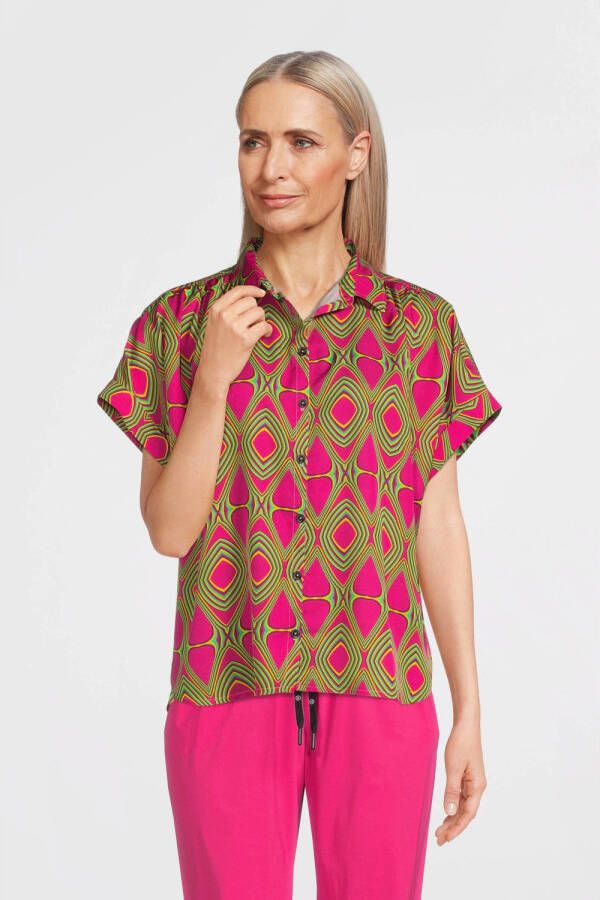 Jane Lushka blouse Romy met grafische print en plooien fuchsia groen