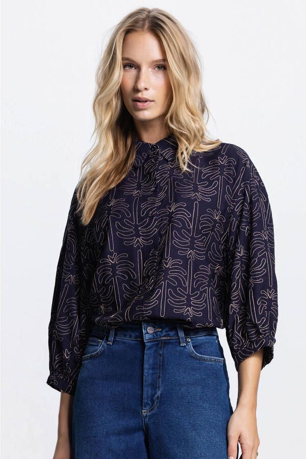 JANSEN AMSTERDAM Dames Blouses Nuria Blouse Wpt 761 3 4 Sleeve Wide Fit Donkerblauw - Foto 5