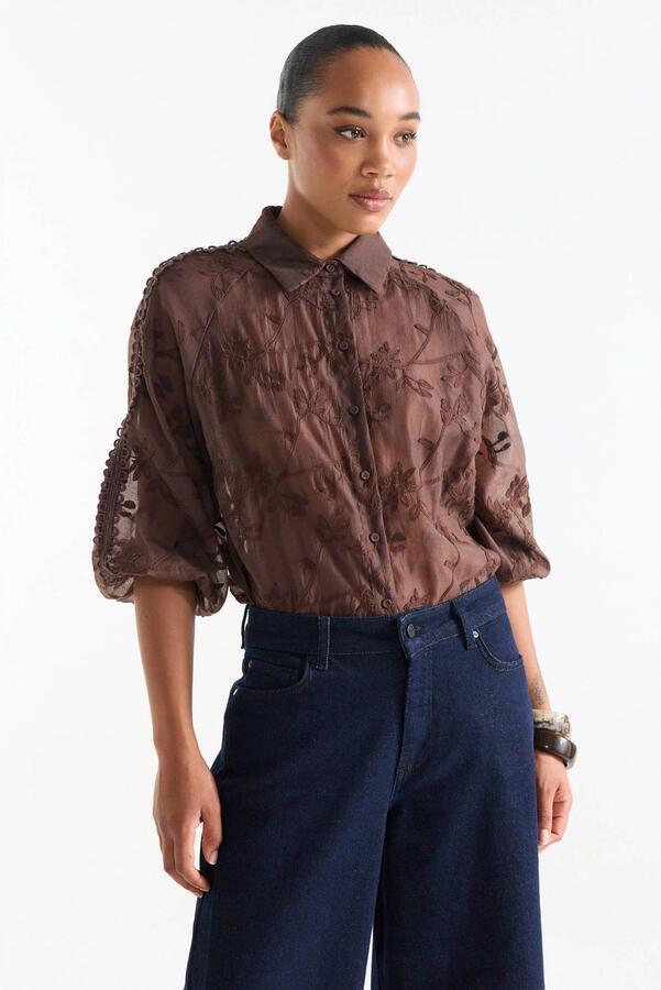 Jansen Amsterdam Blouse Bisa TE701 Blouse Embr. Dark Brown