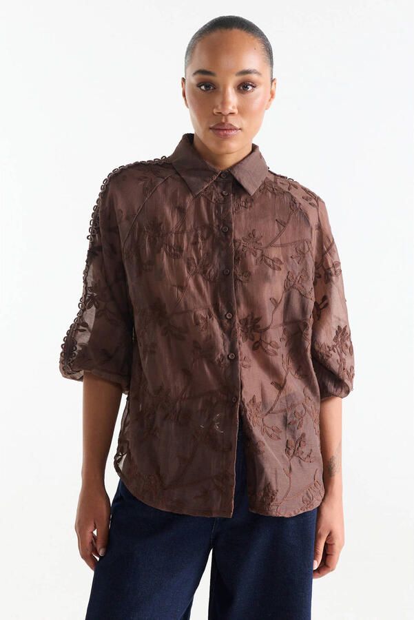 Jansen Amsterdam Blouse Bisa TE701 Blouse Embr. Dark Brown - Foto 3