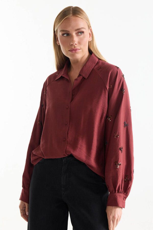 JANSEN Amsterdam blouse met pailletten donkerrood