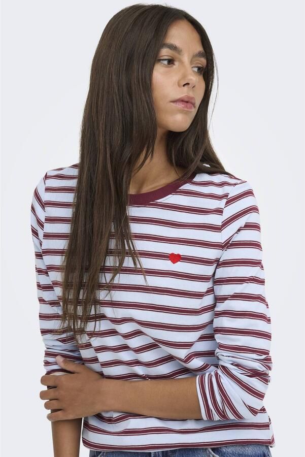 JDY gestreepte top met borduursels lichtblauw donkerrood