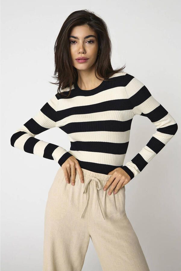 Jacqueline de Yong Gestreepte Gebreide Ronde Hals Trui Black Dames