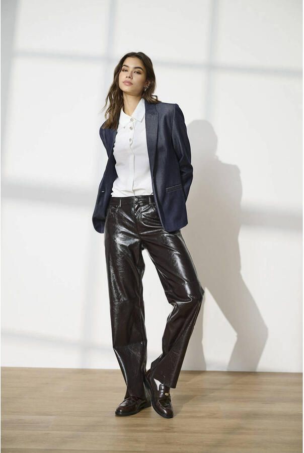 JDY imitatieleren wide leg regular waist casual broek zwart