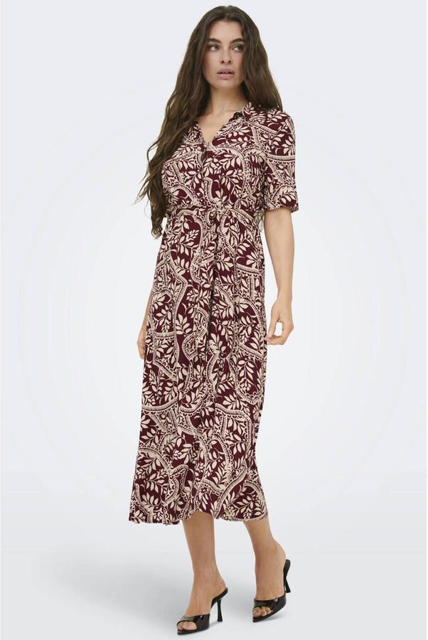 JDY maxi zomerjurk met ceintuur en print donkerrood