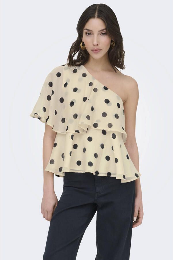 JDY one shoulder top met stippen ecru