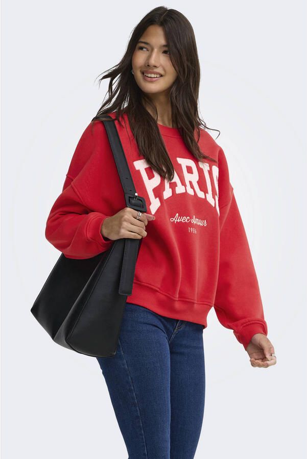 JDY oversized sweater met borduursels en tekst rood