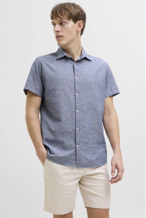 JJ REBEL comfort casual overhemd met linnen blauw