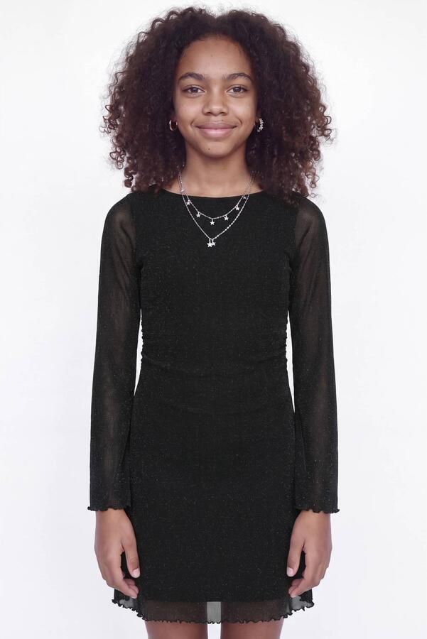 JJXX GIRL semi-transparante korte jurk met glitters zwart Meisjes Polyester Boothals