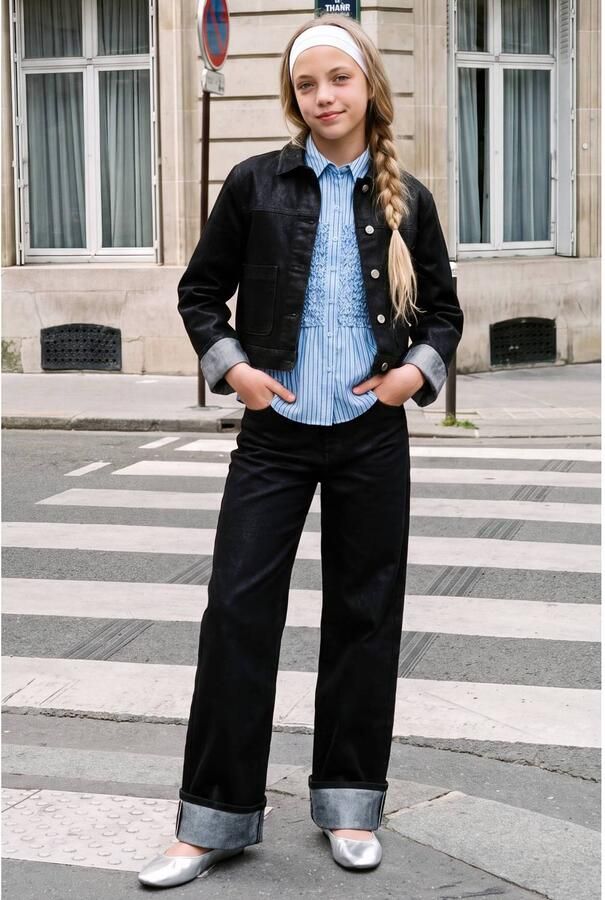 JJXX GIRL spijkerjas met glitters zwart Meisjes Denim Widespread Effen - Foto 2