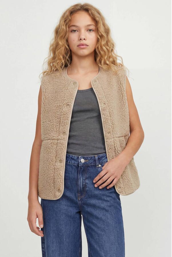 JJXX GIRL teddy rechtvallend gilet lichtbruin Effen
