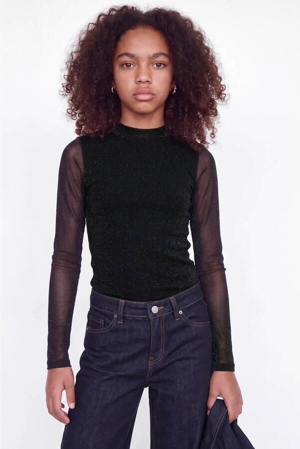 JJXX GIRL top met glitters zwart Meisjes Polyester Opstaande kraag Effen