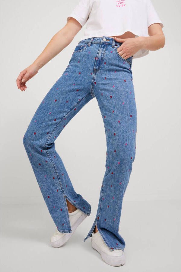 JJXX high waist flared jeans JXCIARA met all over print en borduursels light blue