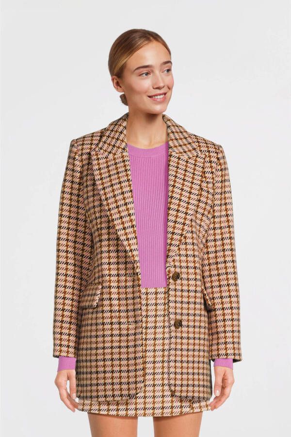 JOSH V geruite rechtvallende blazer Marlot met wol lichtbruin