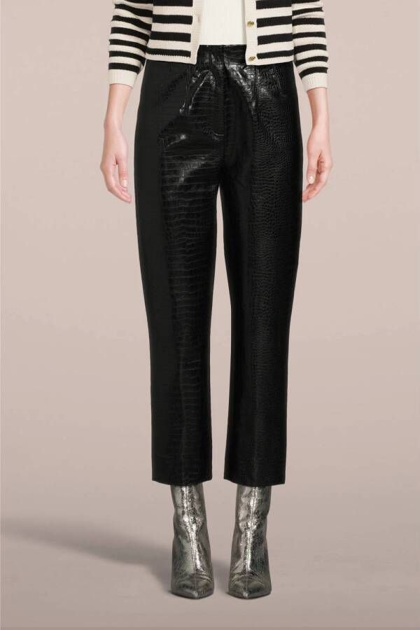 JOSH V imitatieleren cropped high waist slim fit broek Marina met textuur zwart
