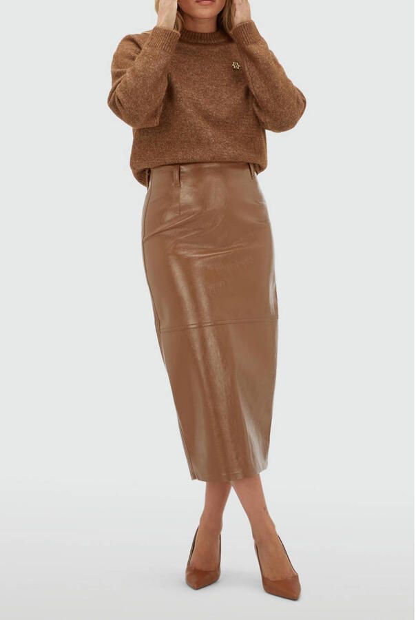 JOSH V imitatieleren midi kokerrok met split cognac