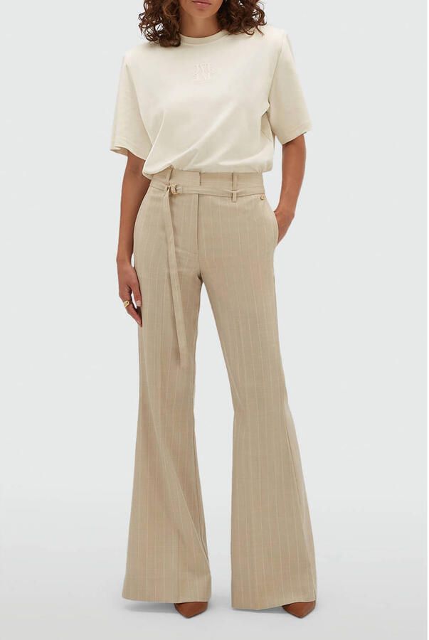 JOSH V wide leg broek met ceintuur en krijtstreep beige