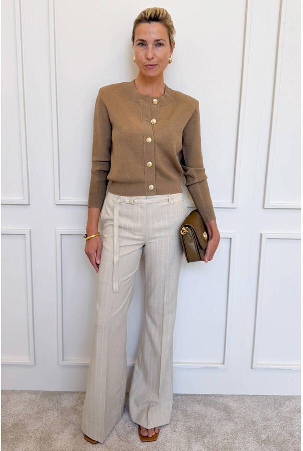JOSH V wide leg broek met ceintuur en krijtstreep beige - Foto 2