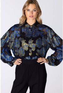 Juffrouw Jansen semi-transparante blouse Phoeby met all over print blauw goud zwart