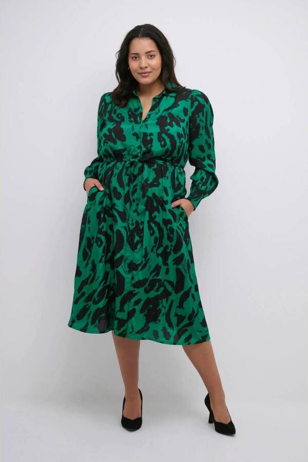 Kaffe Curve blousejurk KCpolla met all over print en ceintuur groen zwart