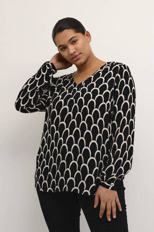 Kaffe Curve blousetop KCkerry met all over print zwart wit
