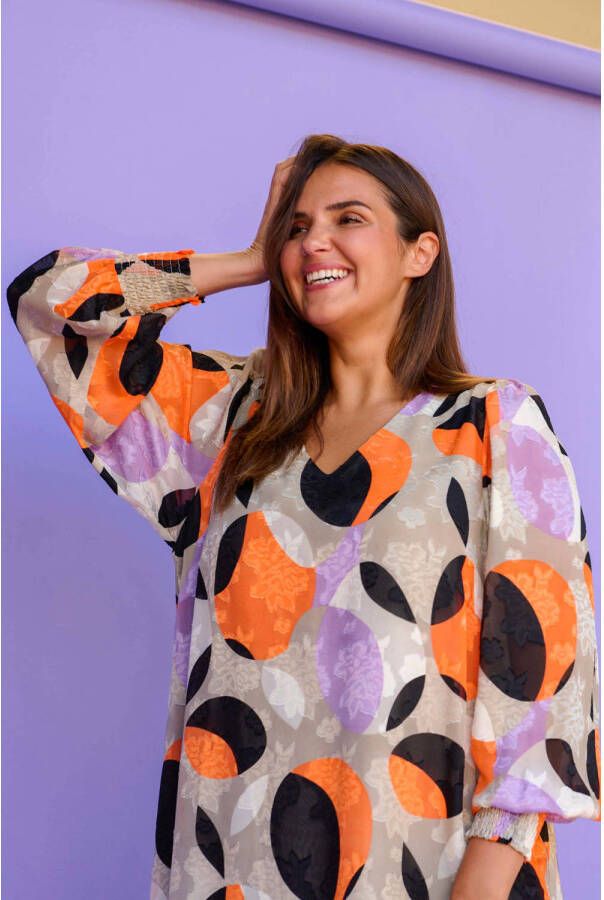 Kaffe Curve jurk KCakky met grafische print beige oranje zwart lila