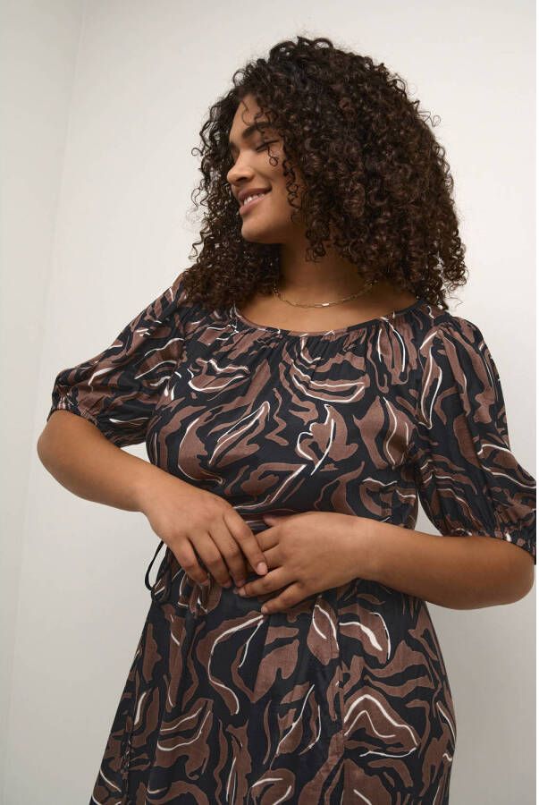 Kaffe Curve jurk KCdory met all over print en ceintuur bruin zwart