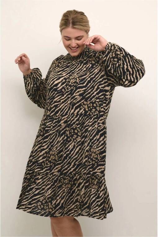 Kaffe Curve jurk KCkerry met dierenprint en volant bruin zwart