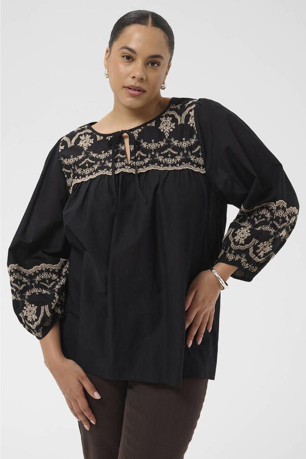 Kaffe Curve blousetop met borduursels Plus Size zwart