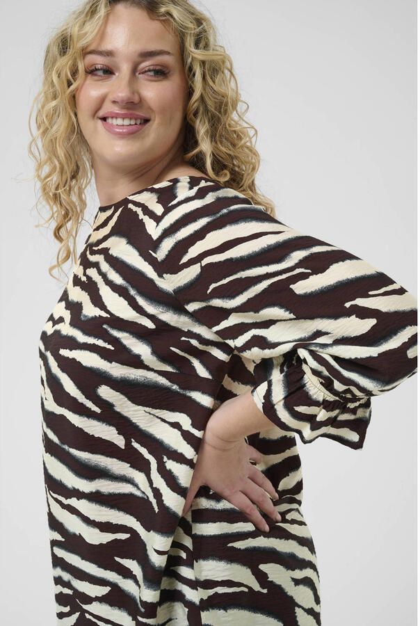 Kaffe Curve blousetop met ruches en zebraprint Plus Size bruin
