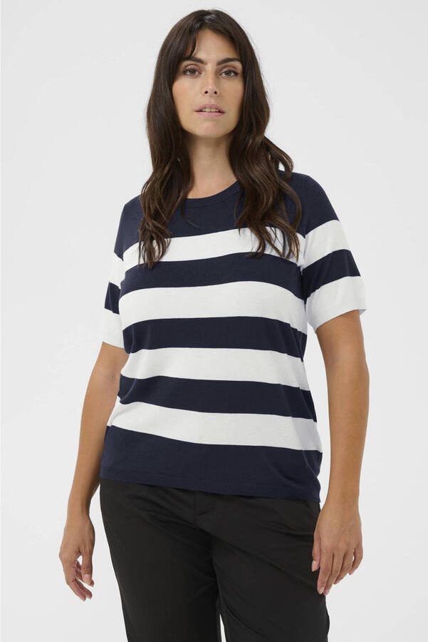 Kaffe Curve gestreepte top met geribde boorden donkerblauw