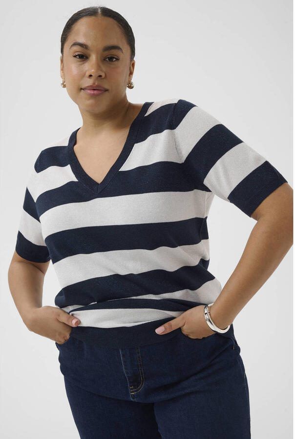 Kaffe Curve gestreepte top met glitter donkerblauw