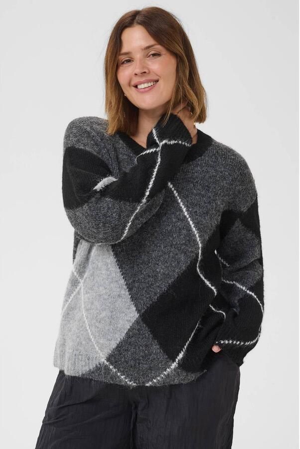 Kaffe Curve Plus Size gebreide geruite trui met wol grijs zwart wit