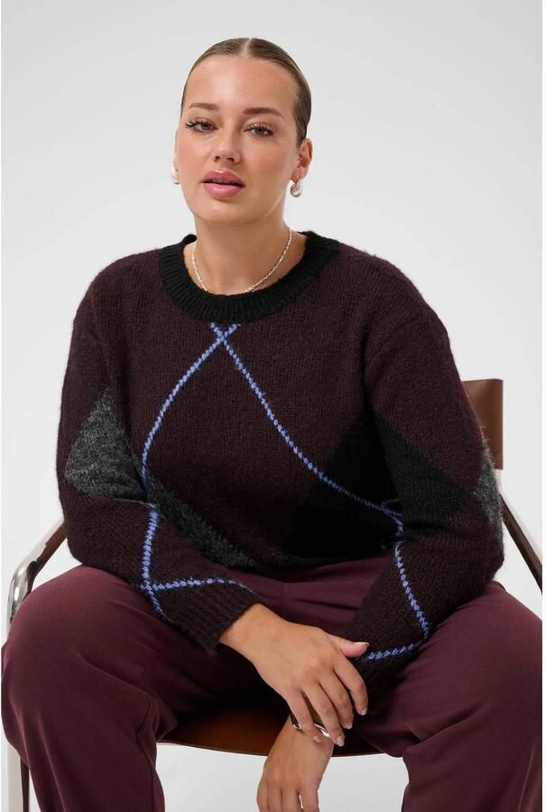 Kaffe Curve Plus Size gebreide geruite trui met wol grijs zwart wit - Foto 2