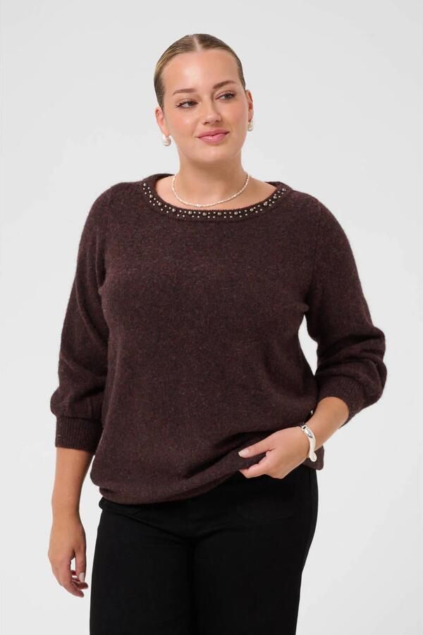 Kaffe Curve Plus Size gebreide trui met studs en wol roodbruin