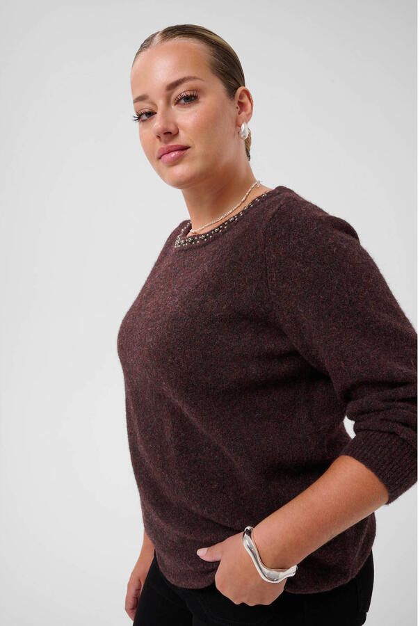 Kaffe Curve Plus Size gebreide trui met studs en wol roodbruin - Foto 2