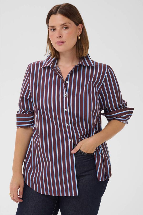 Kaffe Curve Plus Size gestreepte blouse donkerrood blauw wit
