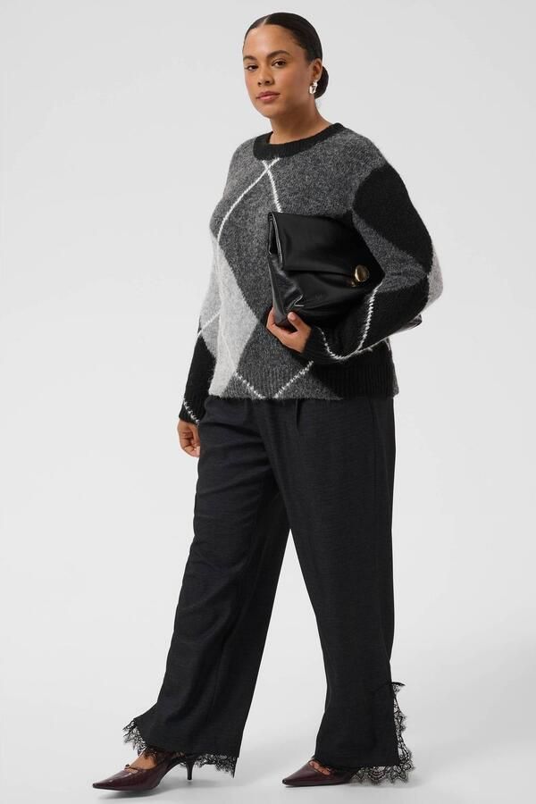 Kaffe Curve Plus Size wollen gebreide geruite trui roodbruin zwart grijs blauw