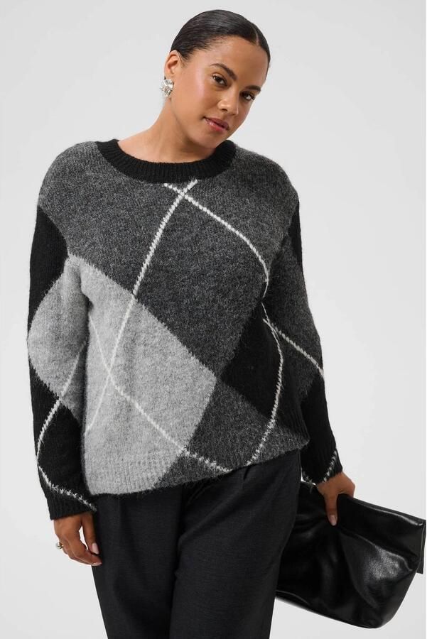 Kaffe Curve Plus Size wollen gebreide geruite trui roodbruin zwart grijs blauw - Foto 2