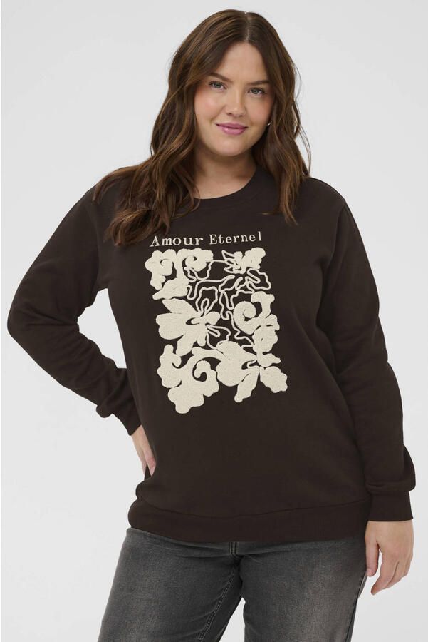 Kaffe Curve sweater Plus Size met borduursels en print donkerbruin