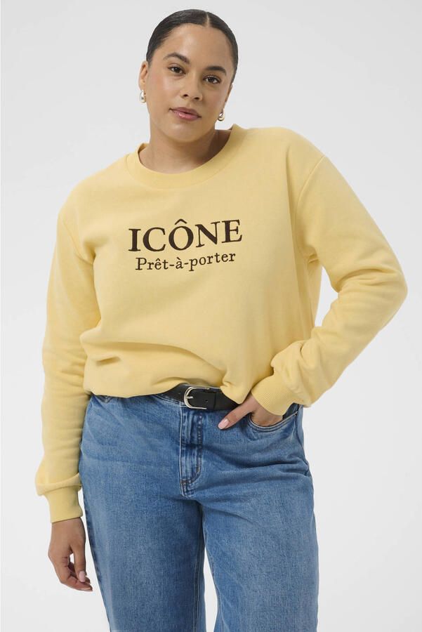 Kaffe Curve sweater Plus Size met borduursels en print geel