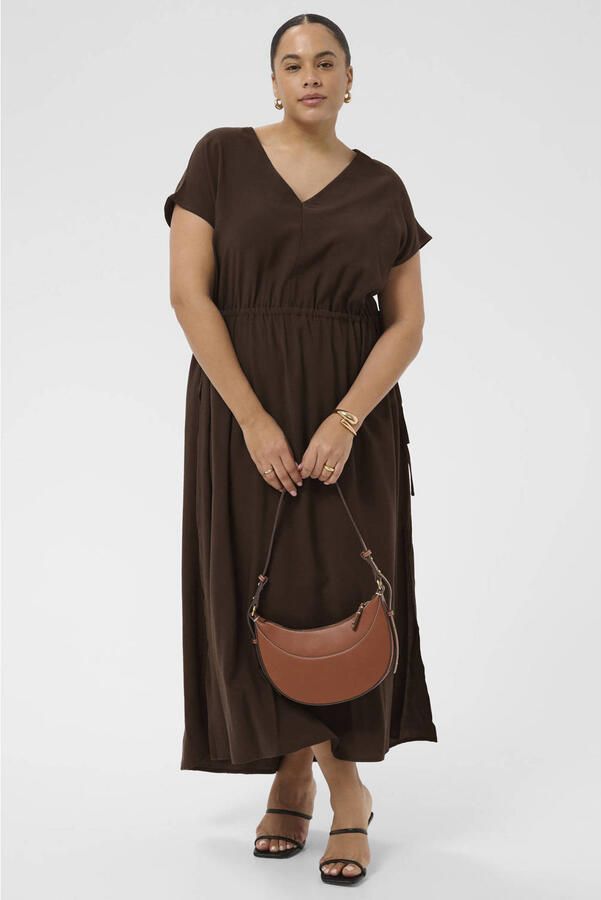 Kaffe Curve viscose midi jurk Plus Size donkerbruin