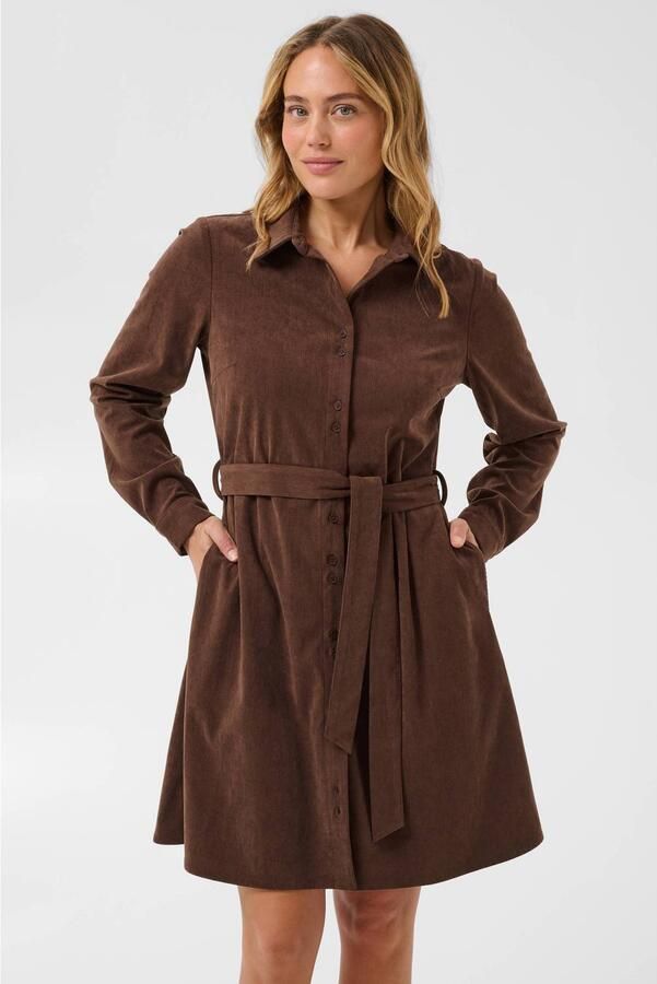 Kaffe corduroy korte blousejurk met ceintuur bruin